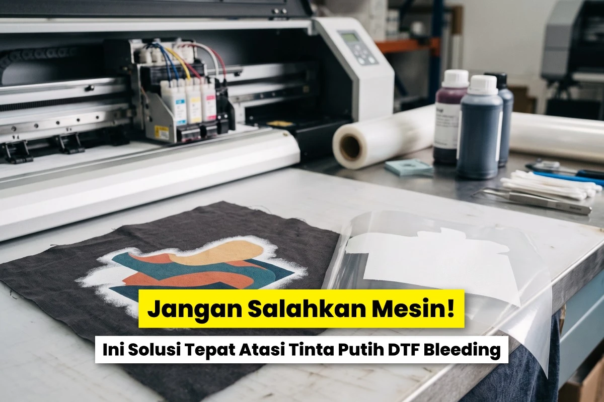 Hasil cetak dengan tinta putih DTF bleeding di tepi desain di depan mesin printer DTF.