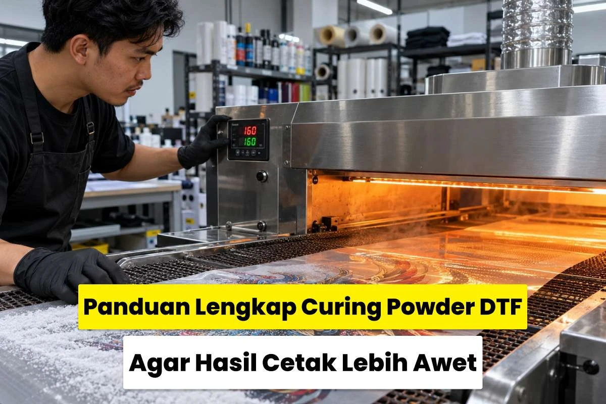 Operator mengatur suhu oven konveyor pada 160°C untuk proses curing powder DTF agar hasil transfer sablon lebih kuat dan tahan lama.