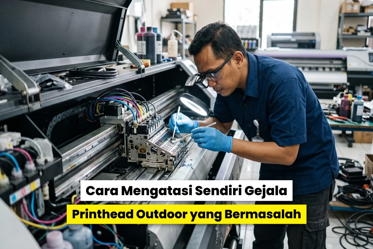 Teknisi memeriksa printhead printer outdoor yang bermasalah untuk menentukan kebutuhan service printhead printer outdoor.