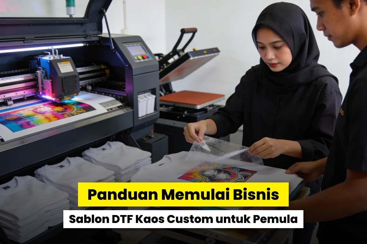 Proses bisnis sablon DTF kaos custom menggunakan printer DTF dan heat press pada kaos putih di workshop.
