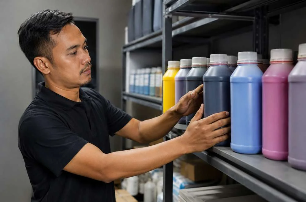 Teknisi menyusun botol tinta sublim dalam posisi tegak di rak penyimpanan untuk menjaga kualitas tinta dan mendukung cara simpan tinta sublim agar kualitas terjaga.