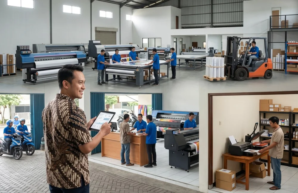 Ilustrasi perkembangan usaha digital printing dari skala rumahan, ruko komersial, hingga kawasan industri sesuai tahap pertumbuhan bisnis dan kebutuhan operasional.