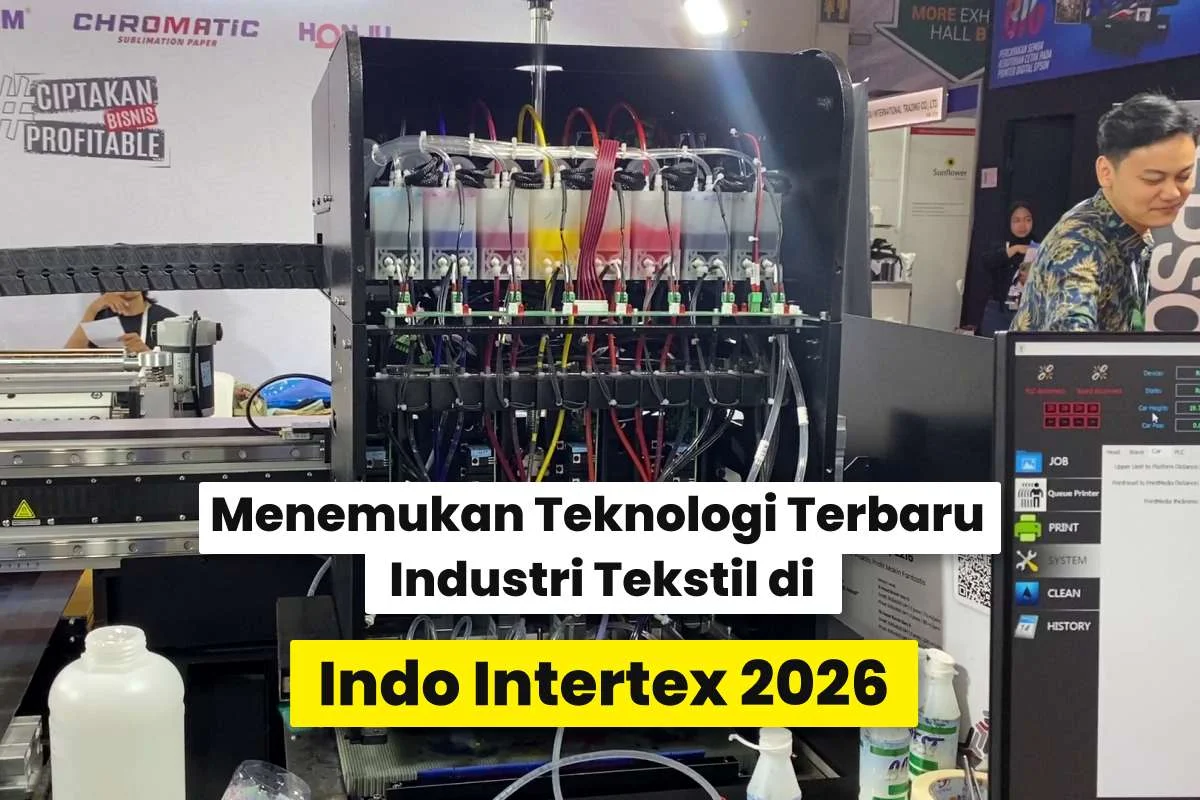 Mesin printer sublim dengan tangki tinta warna-warni ditampilkan di pameran Indo Intertex 2026.