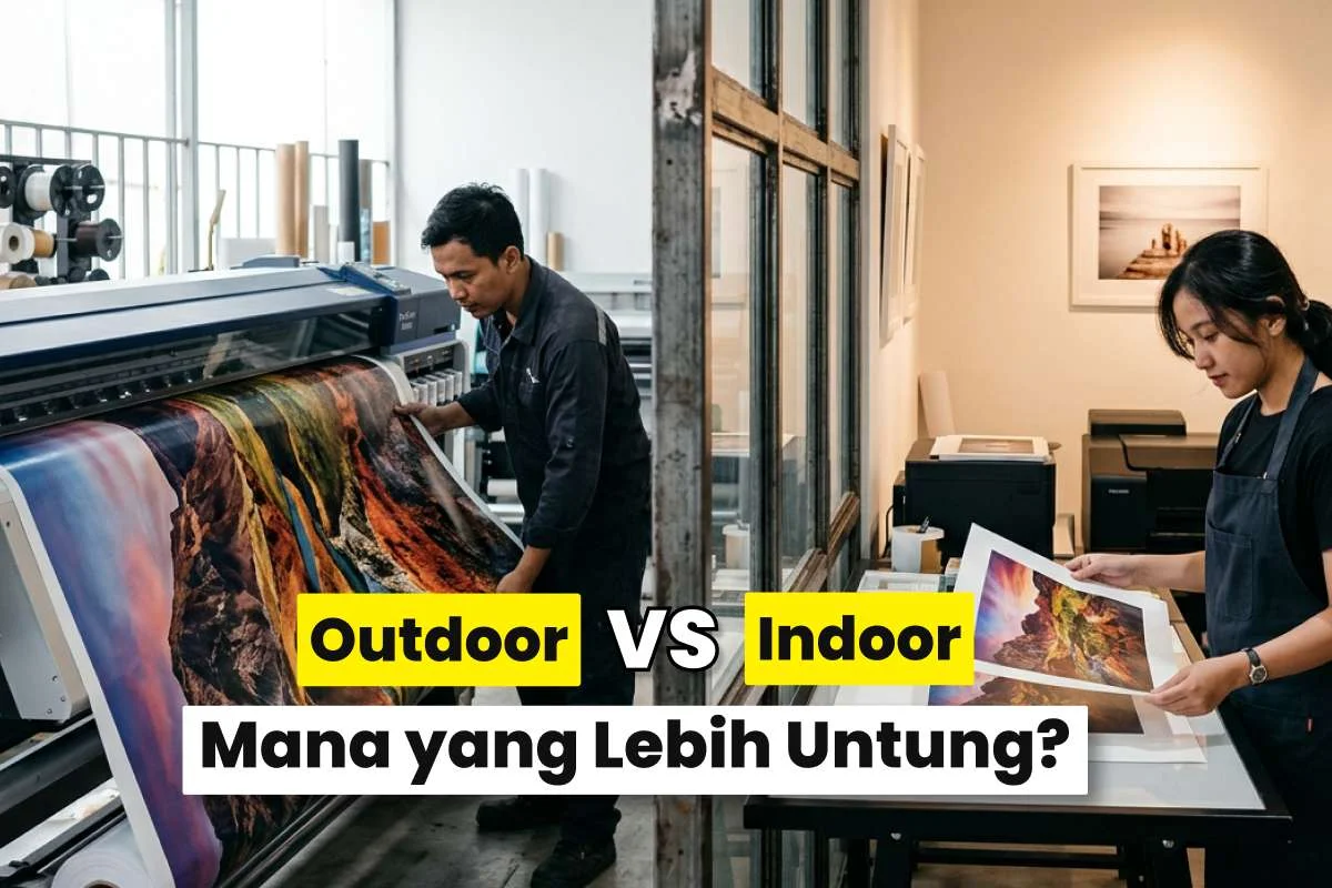Perbandingan cetak outdoor vs indoor di printshop dengan mesin large format dan hasil print foto berkualitas